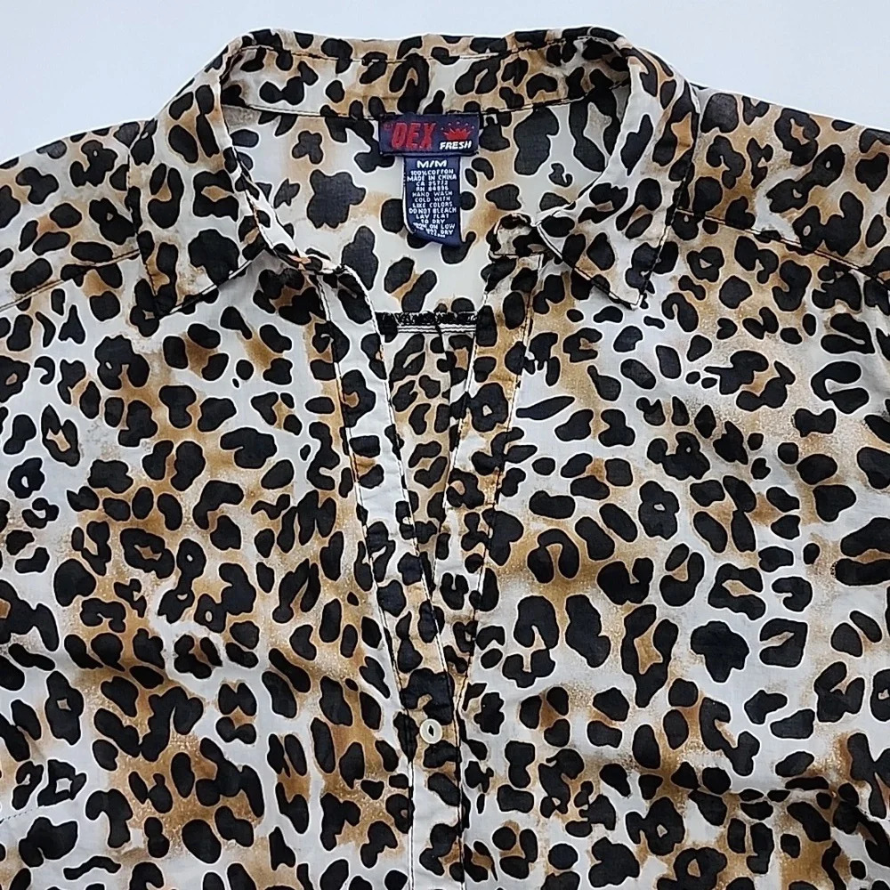 DEX Fresh Women's Cotton Long Shirt Top Leopard Print Roll Up Sleeves Size M - Picture 9 of 15
